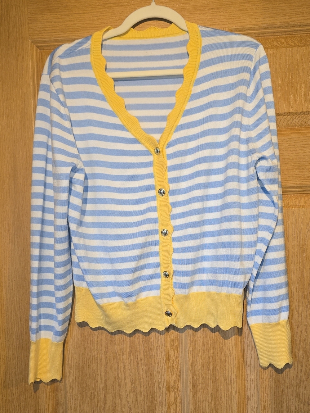 Striped Blue and White Cardigan with Yellow Trim